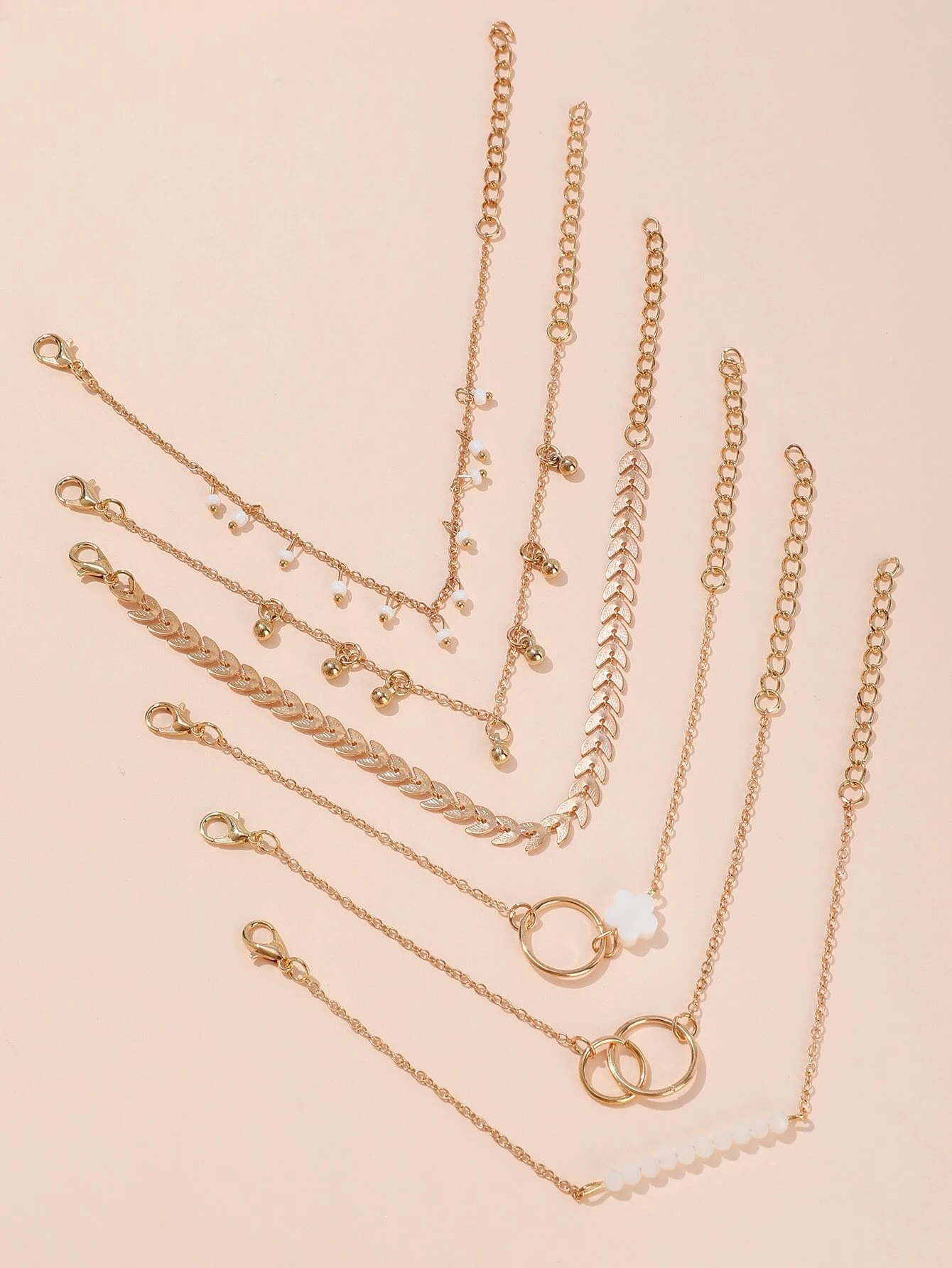 6 pièces/set Set De Bracelets À Franges , Perle , Feuille – Image 3