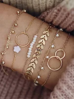 6 pièces/set Set De Bracelets À Franges , Perle , Feuille