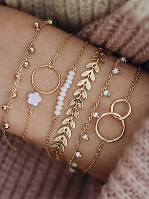 6 pièces/set Set De Bracelets À Franges , Perle , Feuille