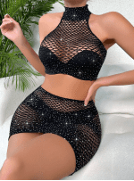 Ensemble De Lingerie À Strass Clouté En Résille Sans Doublure