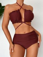 Swim Ensemble De Maillot De Bain Pour Femmes Avec Encolure Croisée Et Garniture À Volants
