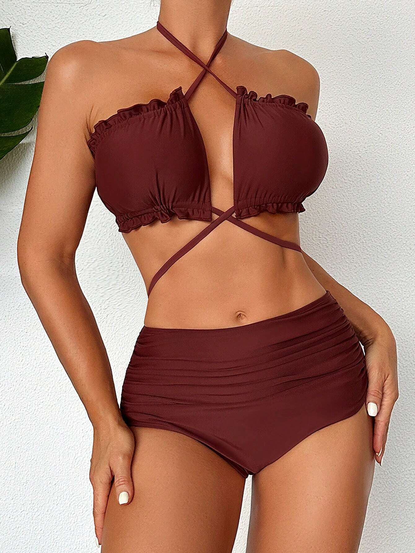 Swim Ensemble De Maillot De Bain Pour Femmes Avec Encolure Croisée Et Garniture À Volants