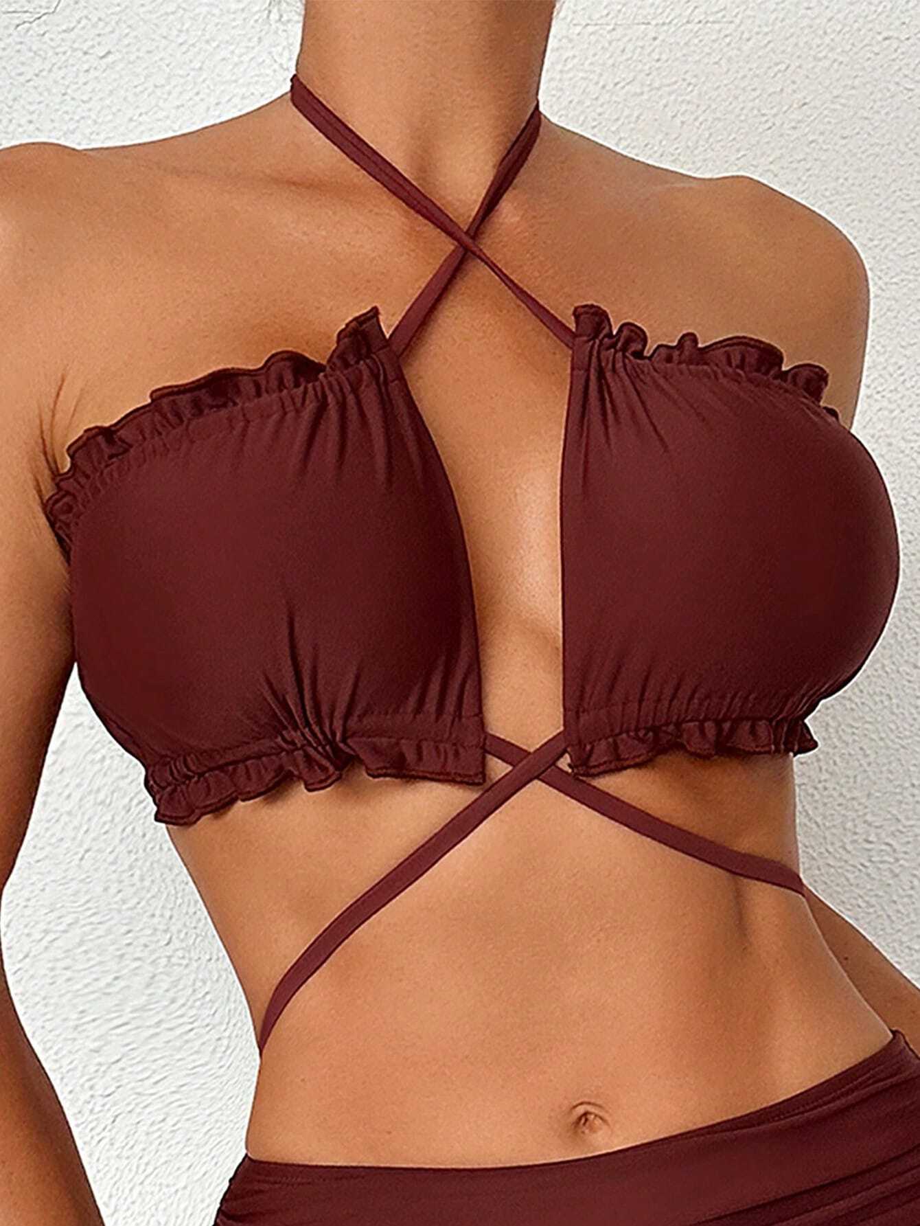 Swim Ensemble De Maillot De Bain Pour Femmes Avec Encolure Croisée Et Garniture À Volants – Image 3