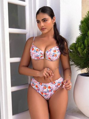 Swim Ensemble De Maillot De Bain Pour Femmes Avec Bretelles Spaghetti, Décoration D'anneau Métallique, Motif D'impression Aléatoire, Achat De Droits D'auteur