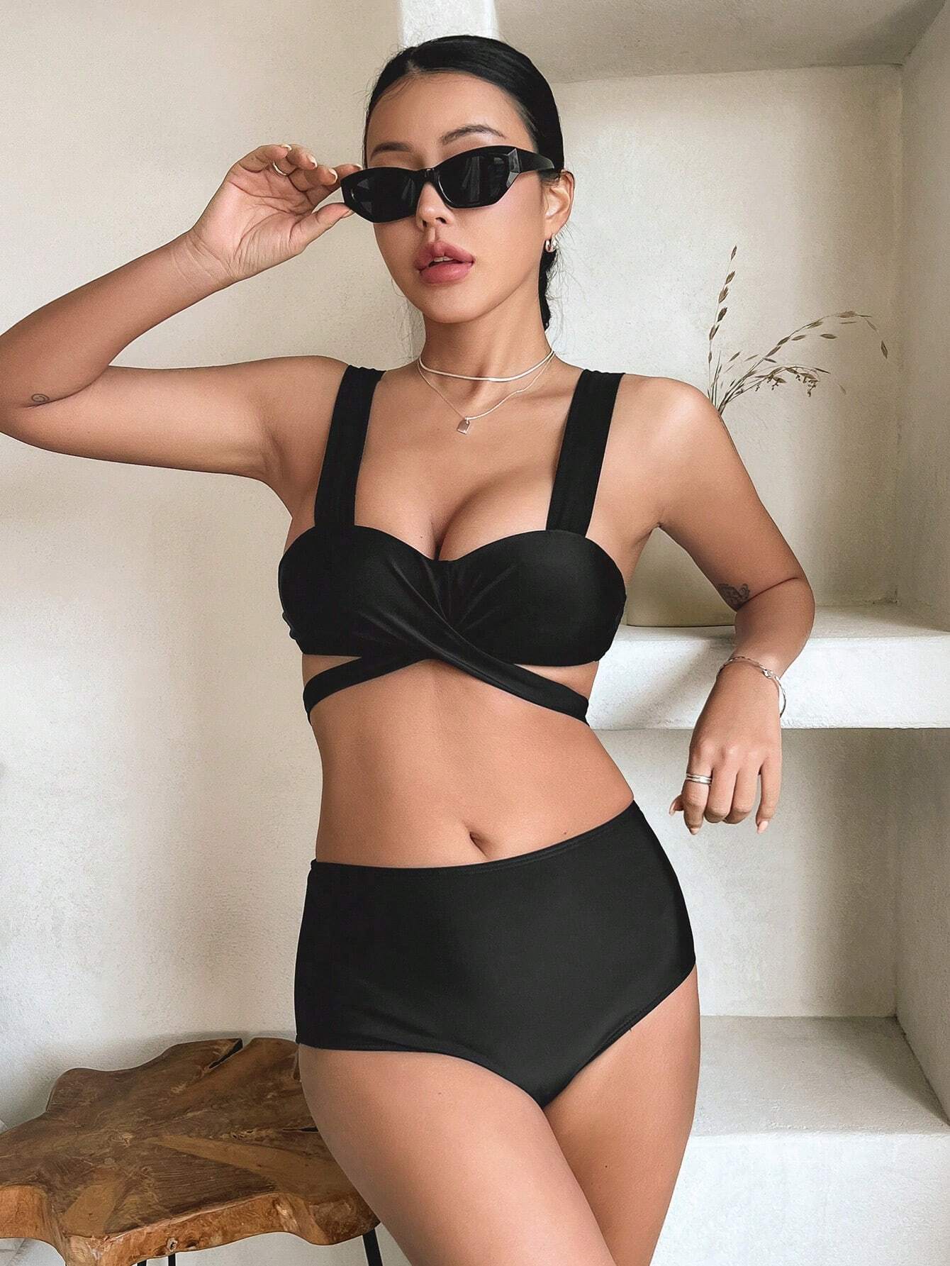 Ensemble De Maillot De Bain Pour Femmes, Unicolore Couleur Avec Bretelles Croisées – Image 4