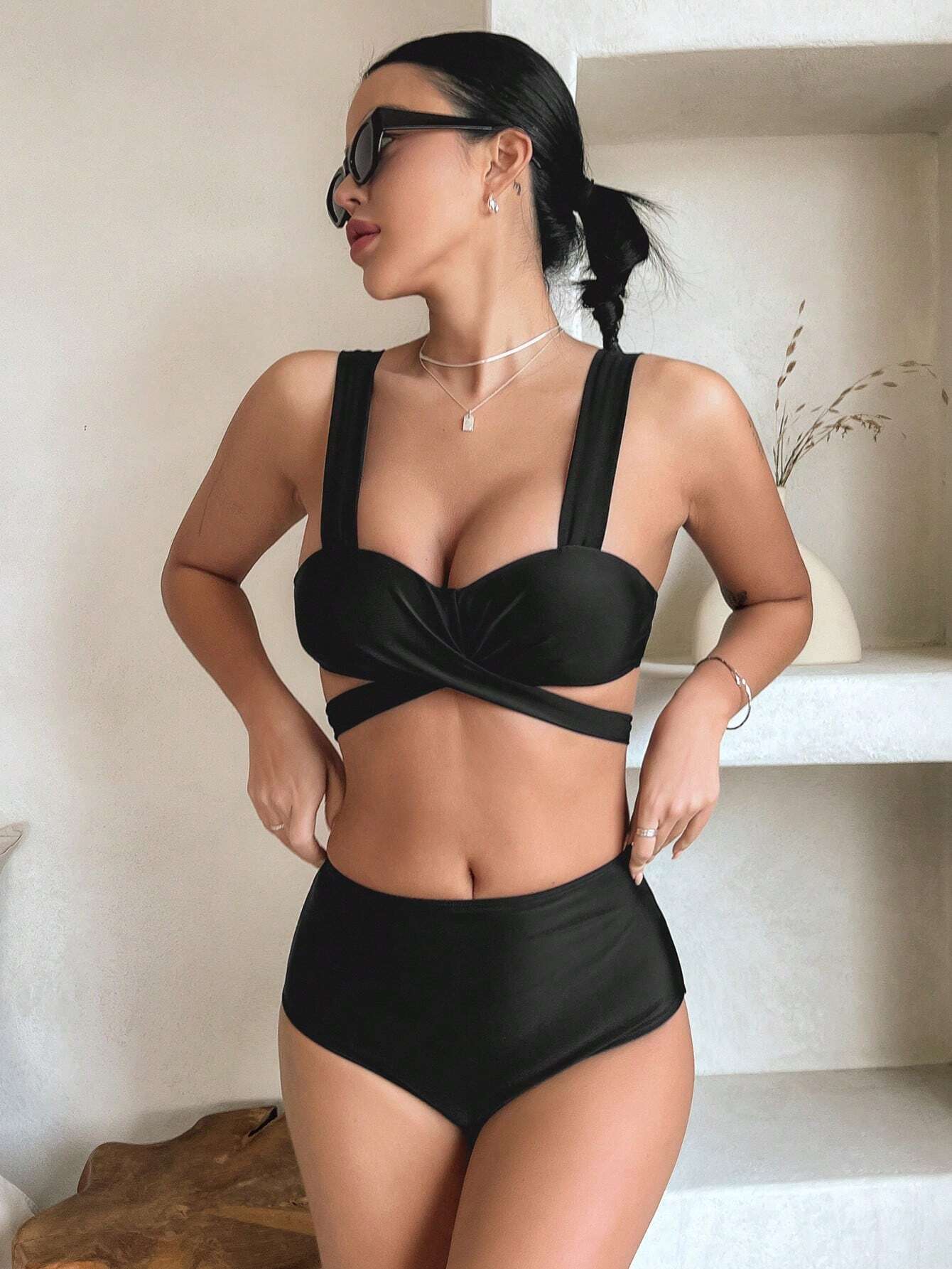 Ensemble De Maillot De Bain Pour Femmes, Unicolore Couleur Avec Bretelles Croisées – Image 5