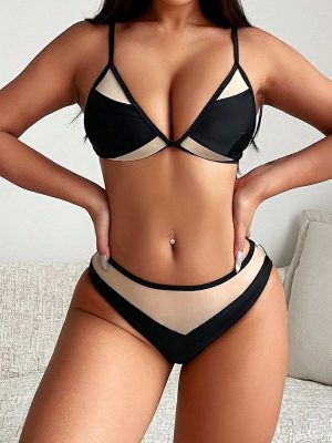 Swim Ensemble De Bikini Pour Femme Avec Soutien-gorge Sans Bretelles À nœud À L'arrière Et Bas De Bikini À Blocs De Couleur