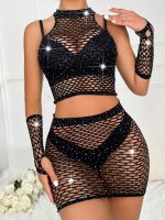 Ensemble de 4 pièces body résille une pièce avec strass, parfait pour les festivals de musique, sous-vêtements non inclus