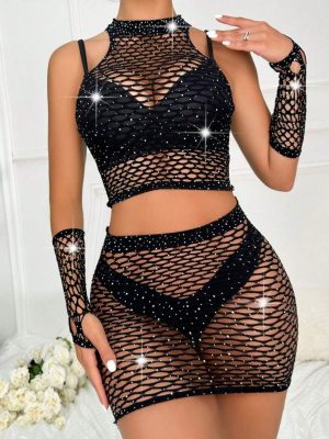Ensemble de 4 pièces body résille une pièce avec strass, parfait pour les festivals de musique, sous-vêtements non inclus
