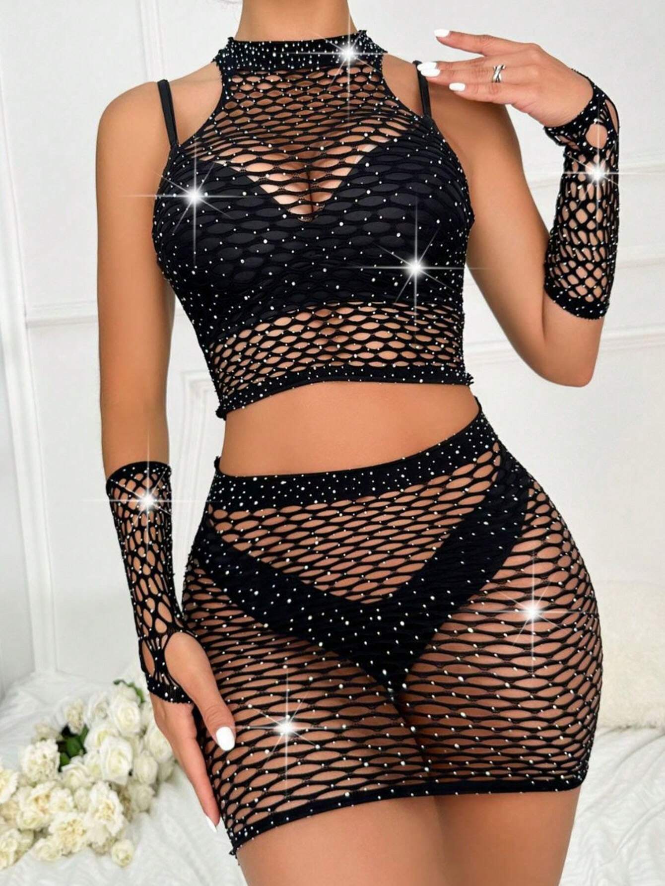 Ensemble de 4 pièces body résille une pièce avec strass, parfait pour les festivals de musique, sous-vêtements non inclus