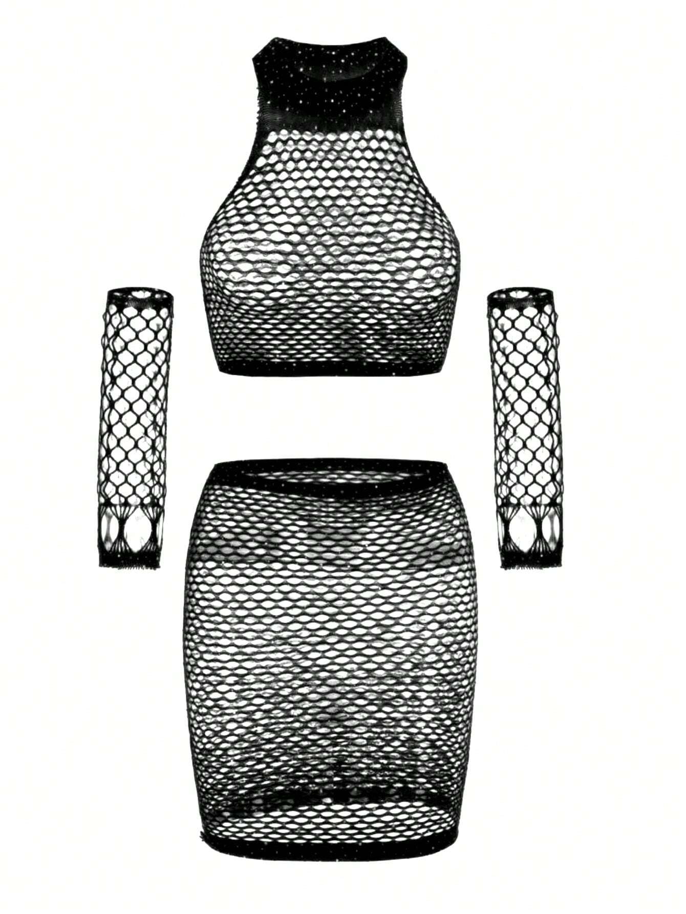 Ensemble de 4 pièces body résille une pièce avec strass, parfait pour les festivals de musique, sous-vêtements non inclus – Image 5